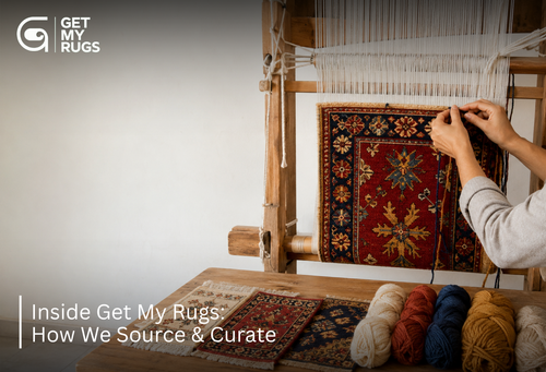 Hands tying knots on a wooden loom with rug swatches and colored wool yarn nearby