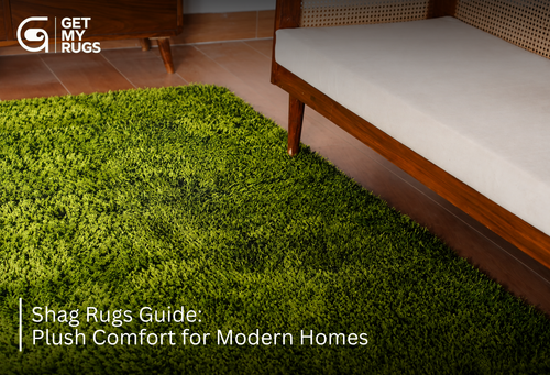 Deep-pile moss green shag rug beside a wooden daybed, showing plush texture and fiber depth