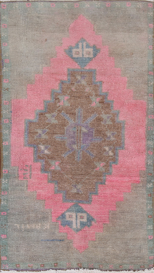 Pink Geometric Anatolian Turkish Wool Rug 1x3