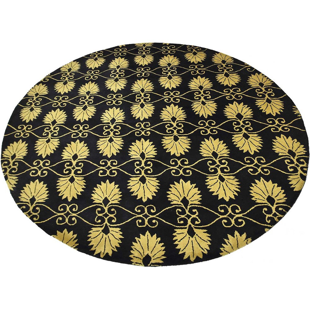 hand-tufted-wool-round-area-rug-floral-black-gold-side 2