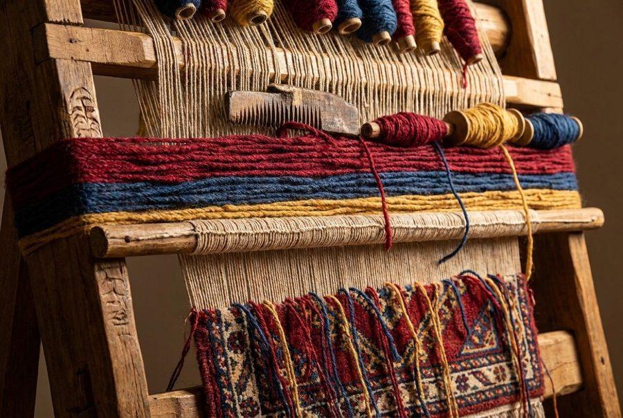 Hand-dyed wool in reds, blues and golds wound on the loom