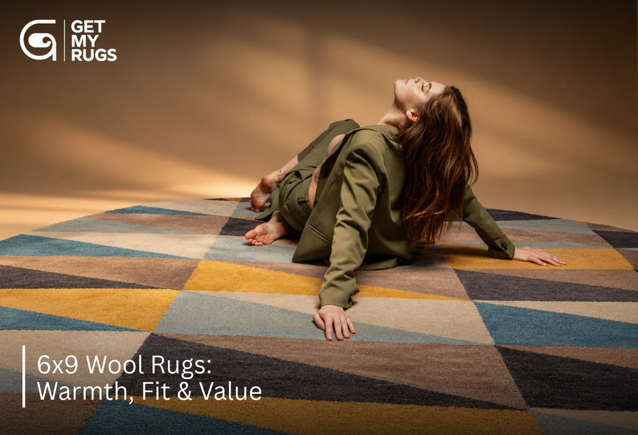 Model reclining on a geometric mustard, slate blue, and taupe wool area rug in an editorial studio shot