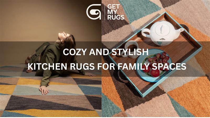 Family kitchen with colorful hand-knotted and jute rugs