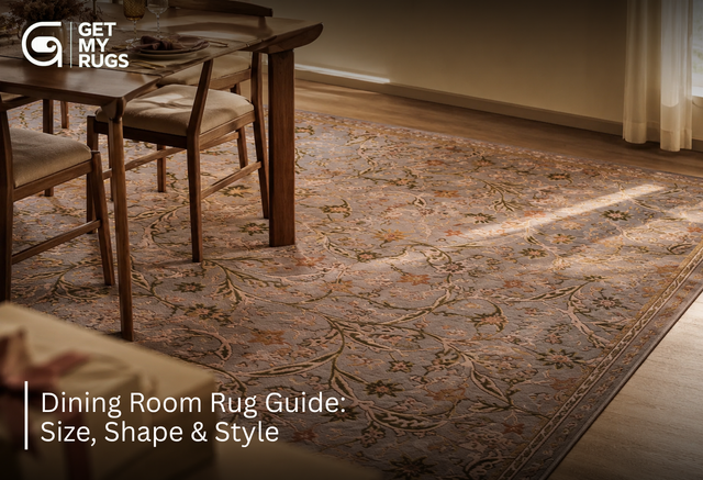 Floral vine patterned area rug extending beneath a dining table and chairs, showing proper dining room rug sizing