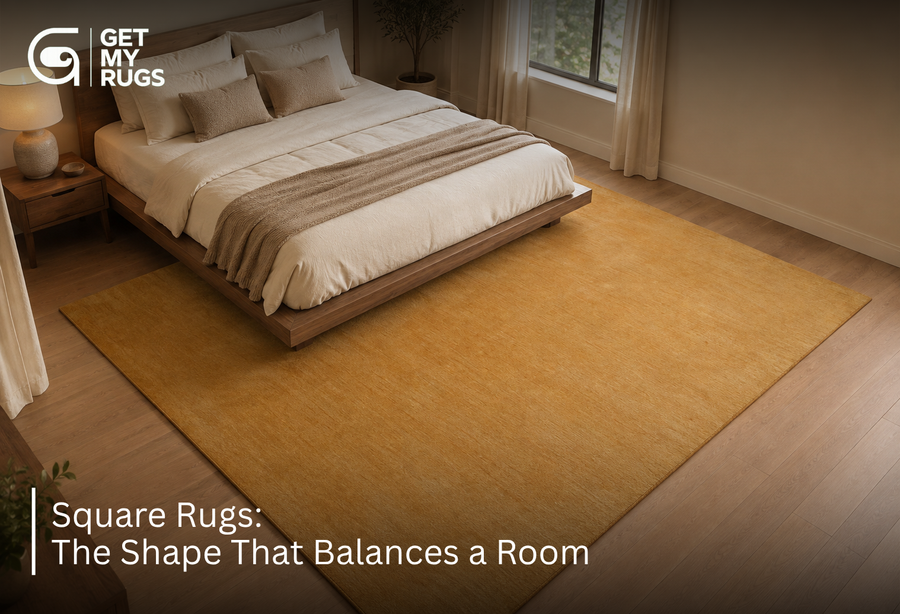 Honey-gold square wool rug centered symmetrically beneath a bed, showing balanced floor space on all sides