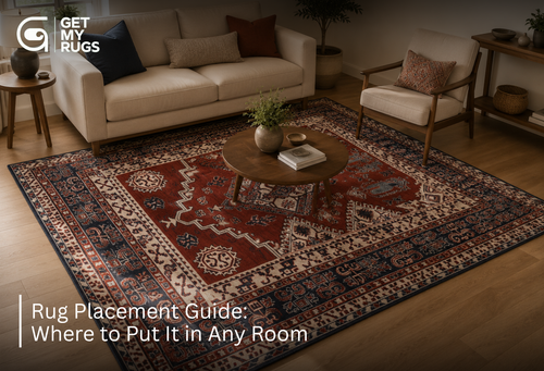 Tribal medallion area rug in red, cream, and navy with sofa and chair legs resting on it, showing proper rug placement