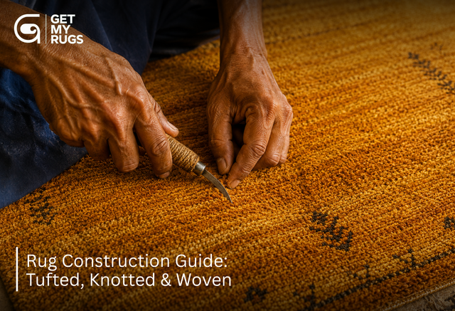 Artisan's hands hand-knotting a golden wool rug with a traditional weaving tool, showing craftsmanship detail