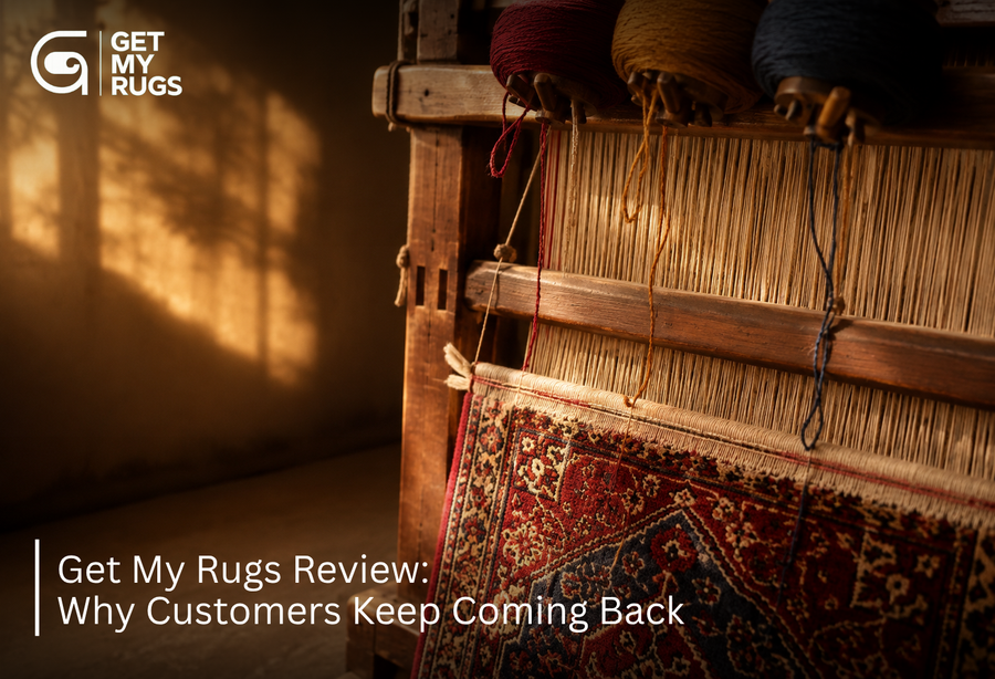 Traditional wooden handloom weaving a hand-knotted rug with red, mustard, and indigo yarn, showing Get My Rugs craftsmanship