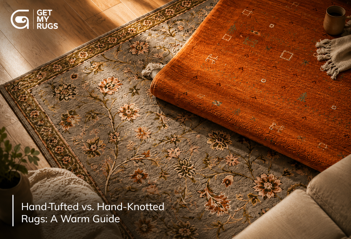 Side-by-side comparison of a hand-tufted wool rug and a hand-knotted wool rug showing texture and pile differences