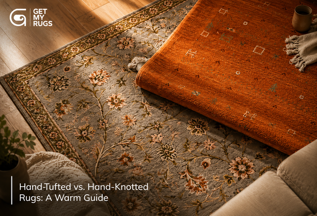 Side-by-side comparison of a hand-tufted wool rug and a hand-knotted wool rug showing texture and pile differences