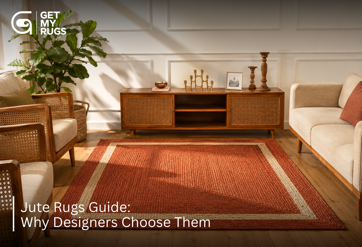 Rust-red braided jute area rug with cream border anchoring a sunlit living room with rattan furniture