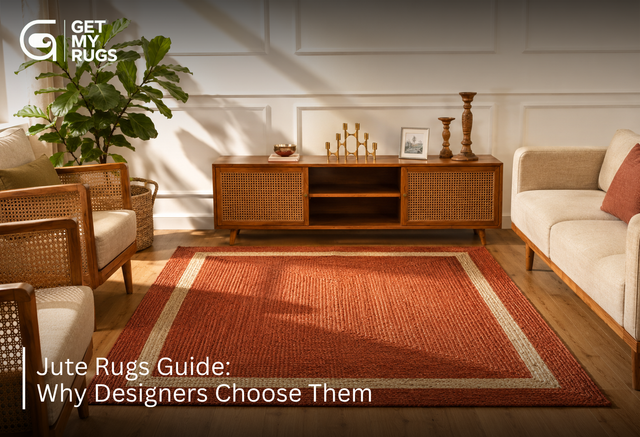 Rust-red braided jute area rug with cream border anchoring a sunlit living room with rattan furniture