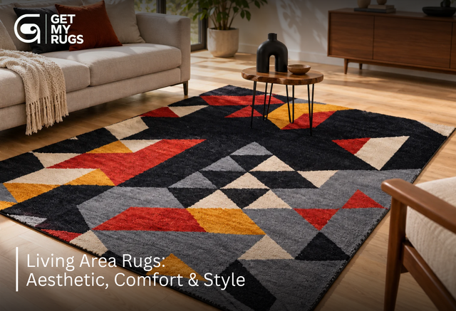 Bold geometric black, red, and mustard area rug anchoring a modern living room seating arrangement