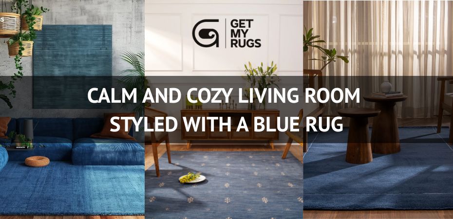 Living room interior with blue rug
