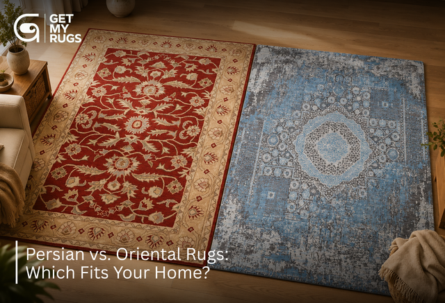 Red oriental medallion rug beside a blue distressed Persian medallion rug, comparing pattern and color style