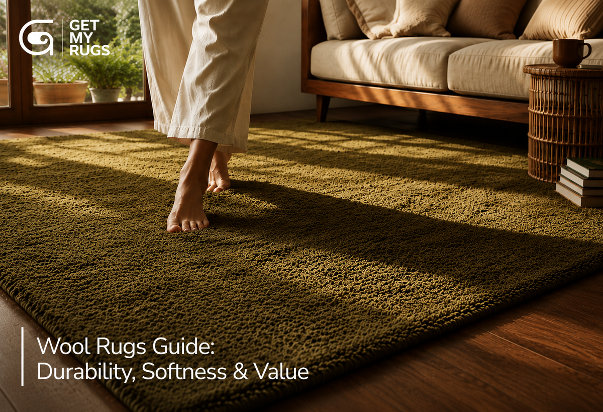 Bare feet stepping onto a soft hand-knotted wool area rug in a sunlit living room, showcasing wool rug texture and warmth