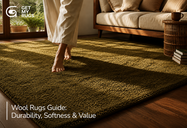 Bare feet stepping onto a soft hand-knotted wool area rug in a sunlit living room, showcasing wool rug texture and warmth