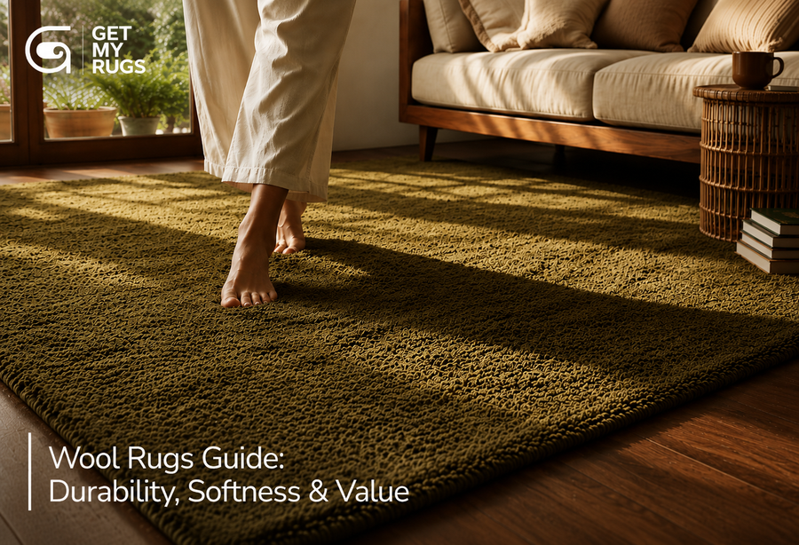 Bare feet stepping onto a soft hand-knotted wool area rug in a sunlit living room, showcasing wool rug texture and warmth