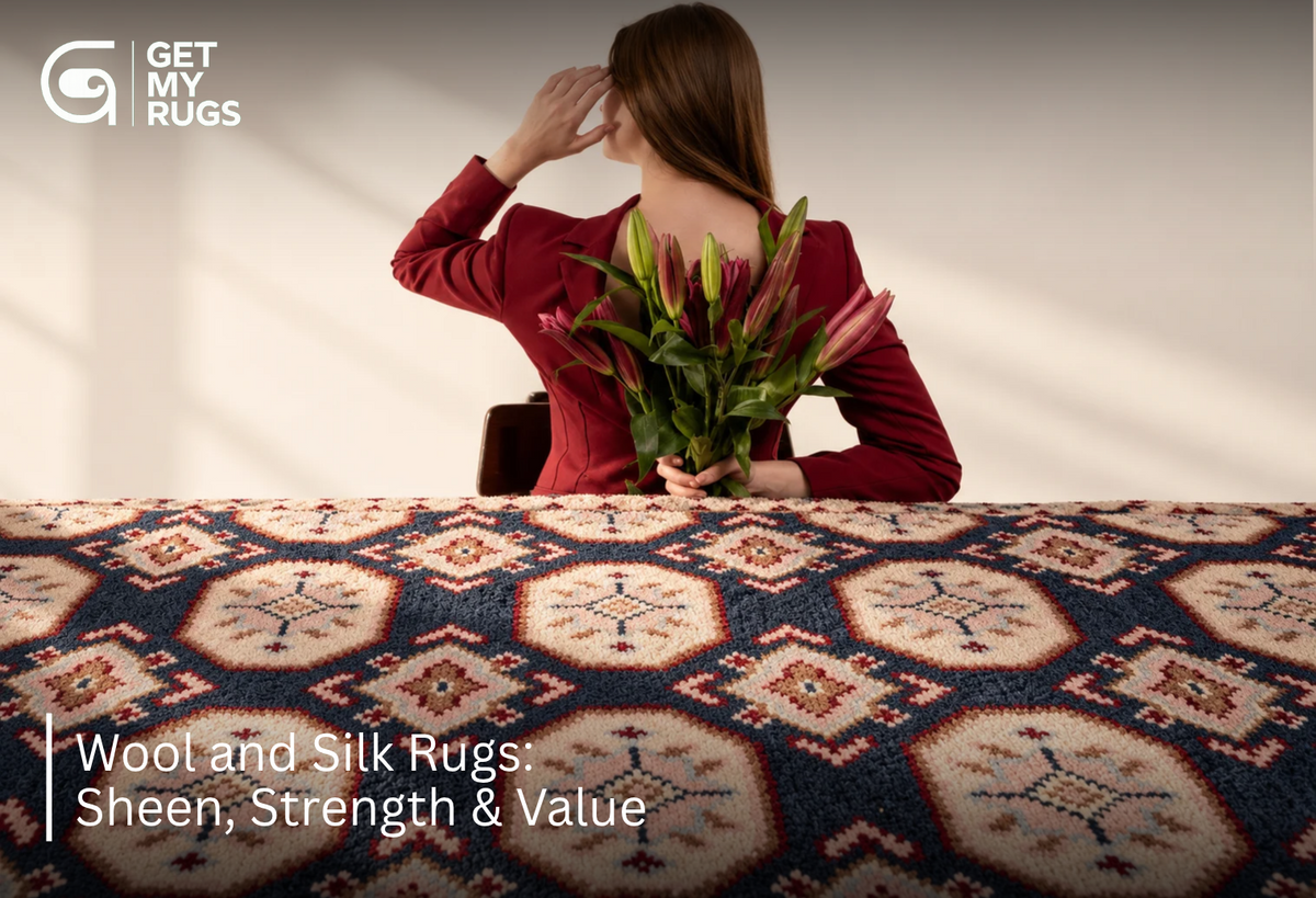 Finely detailed navy medallion wool and silk rug in an editorial studio shot with a model holding pink lilies