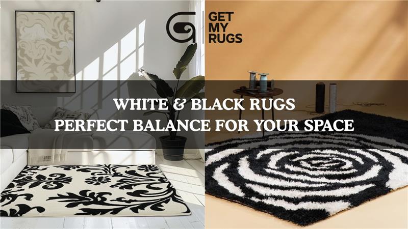 White and black rug styled in modern living room interior
