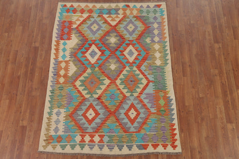 Geometric Kilim Reversible Wool Area Rug 5x6