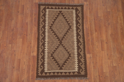 Brown Wool Kilim Geometric Area Rug 3x4