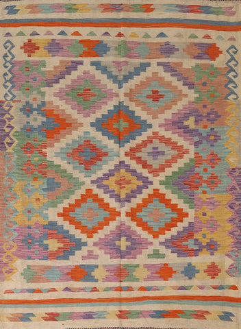 Colorful Kilim Reversible Wool Area Rug 5x6