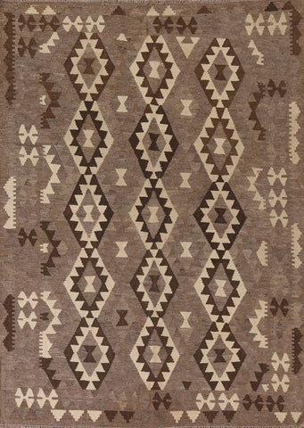 Geometric Kilim Brown Wool Area Rug 5x7