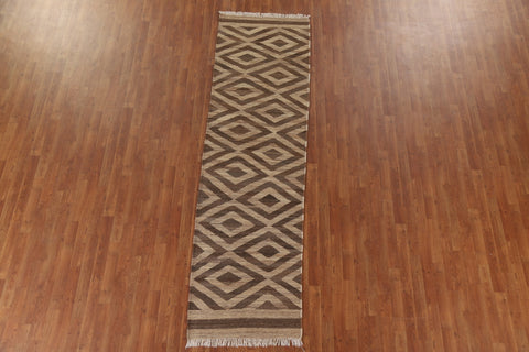 Brown Kilim Geometric Wool Runner Rug 3x10