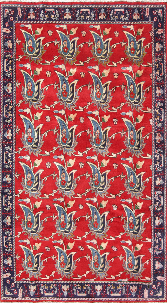 Paisley Red Sarouk Persian Hand-Knotted 4x7 Wool Area Rug