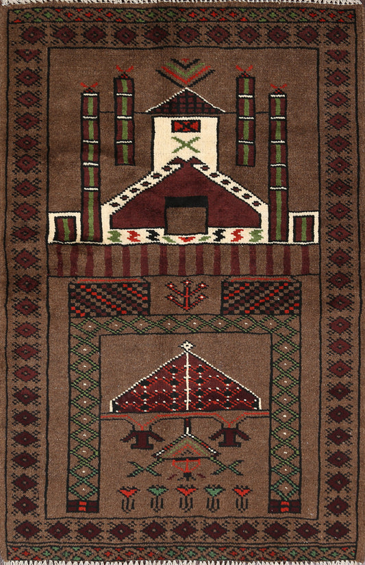 Brown Balouch Prayer Persian Area Rug 2x4