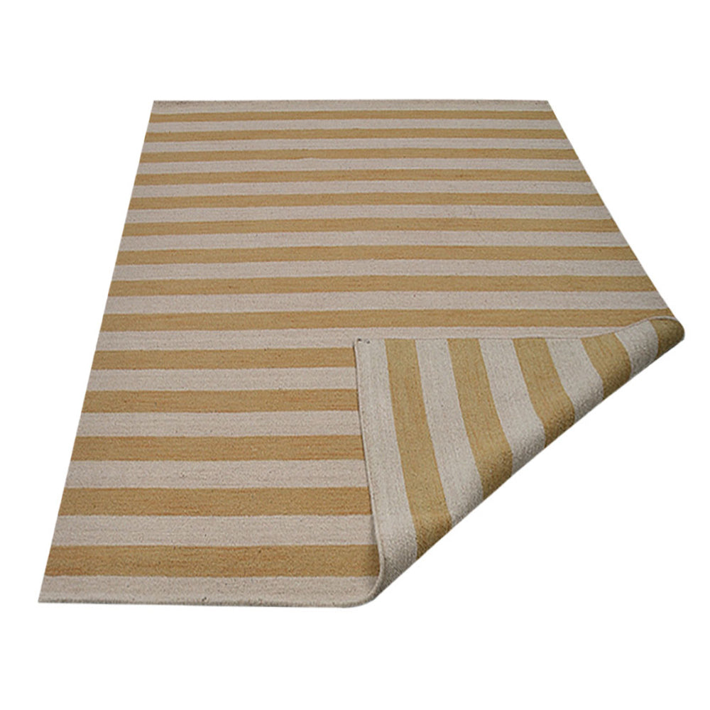 Hand Woven Flat Weave Kilim Wool Rectangle Area Rug Contemporary Cream Gold D00107