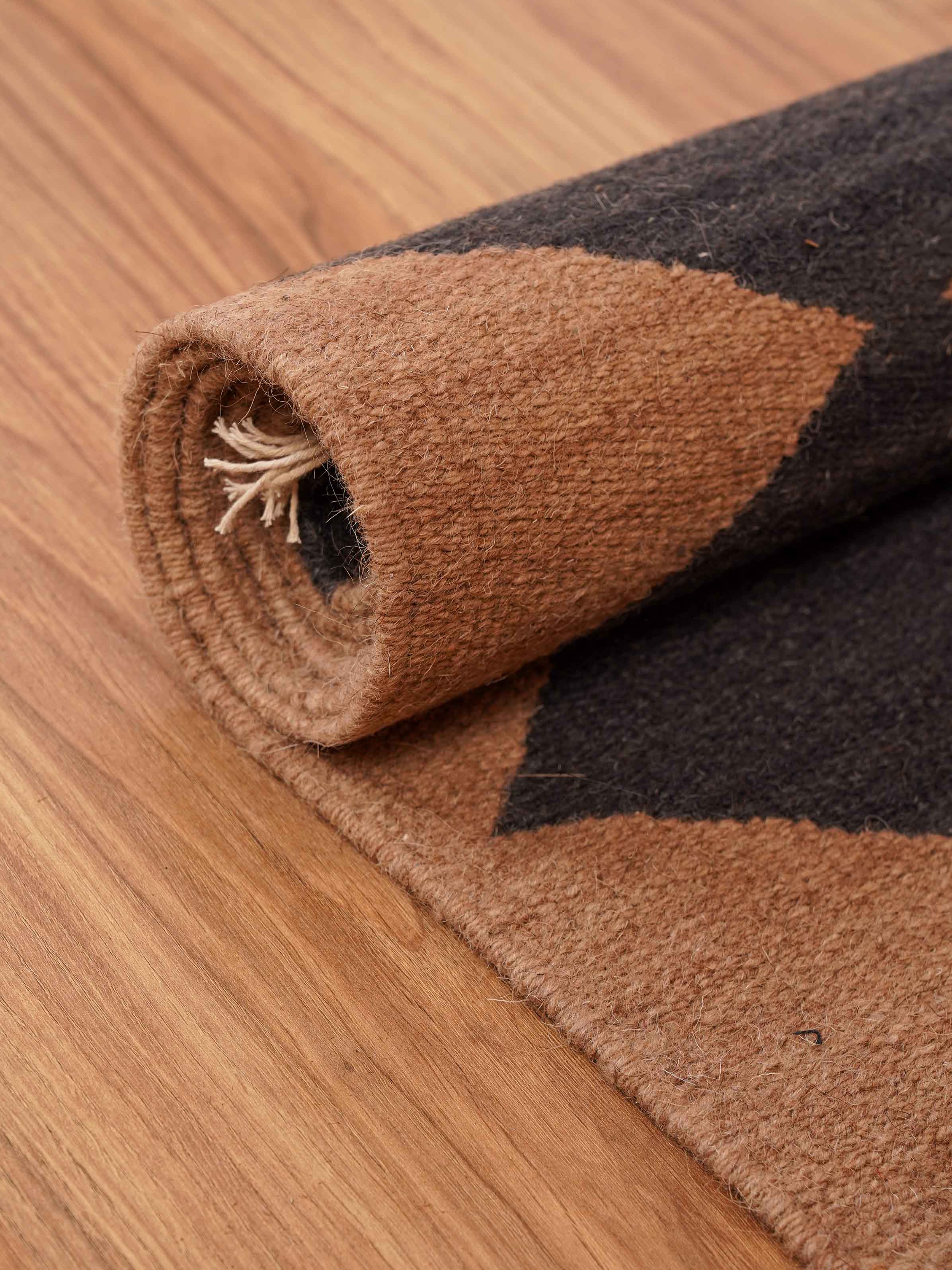 handmade-flat-weave-kilim-wool-area-rug-brown-charcoal-closeup 7
