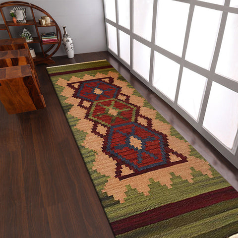 Hand Woven Flat Weave Kilim Wool Runner Area Rug Contemporary Burgundy Olive D00121