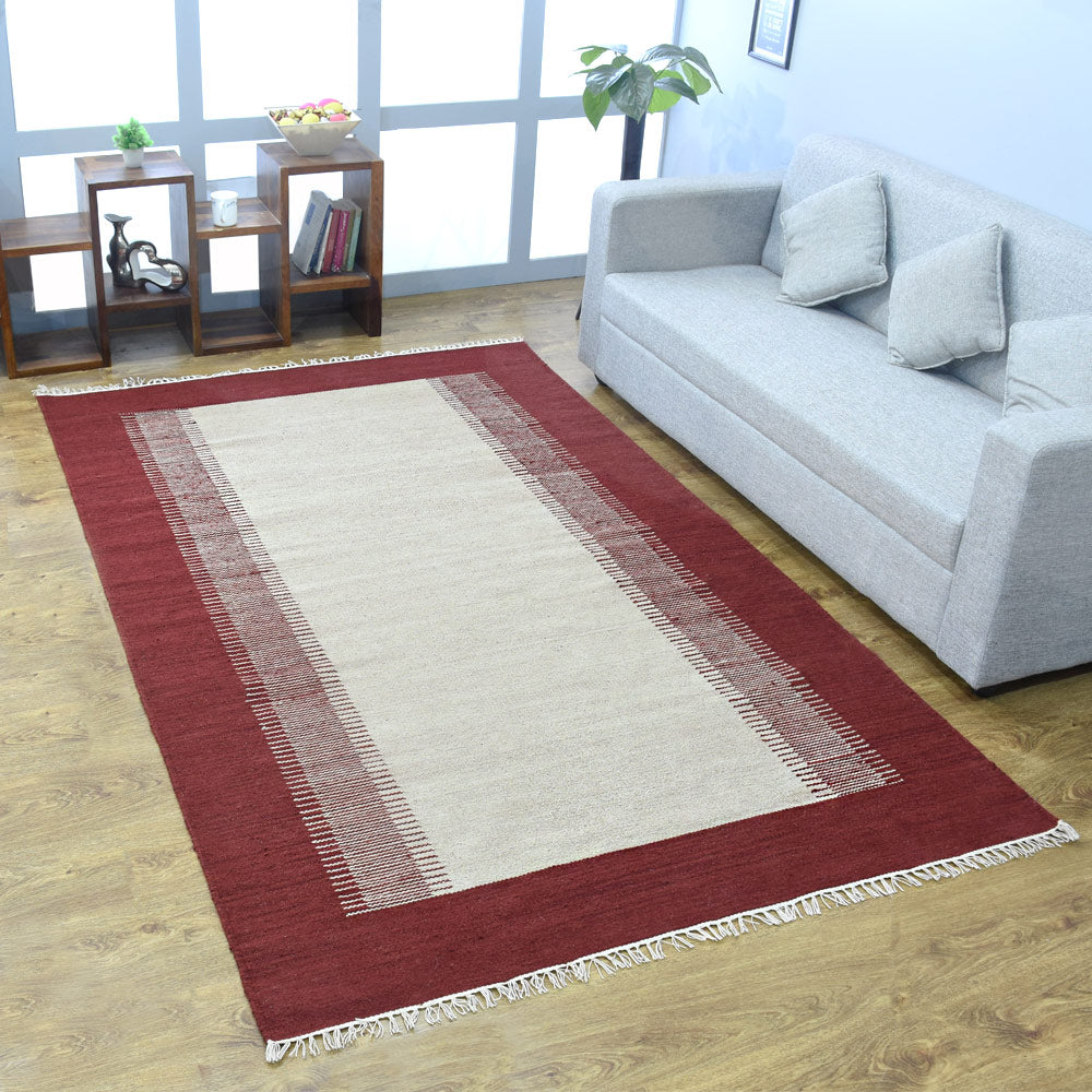 Hand Woven Flat Weave Kilim Wool Rectangle Area Rug Contemporary Cream Wine D00123