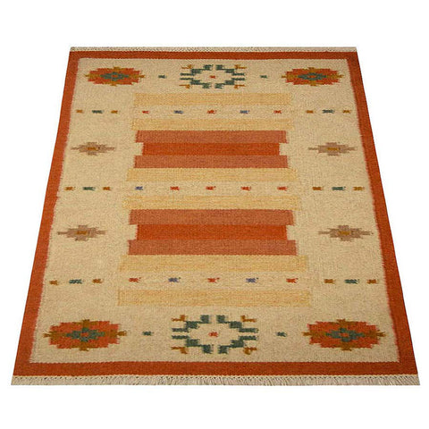 Hand Woven Flat Weave Kilim Wool Rectangle Area Rug Contemporary White Rust D00127