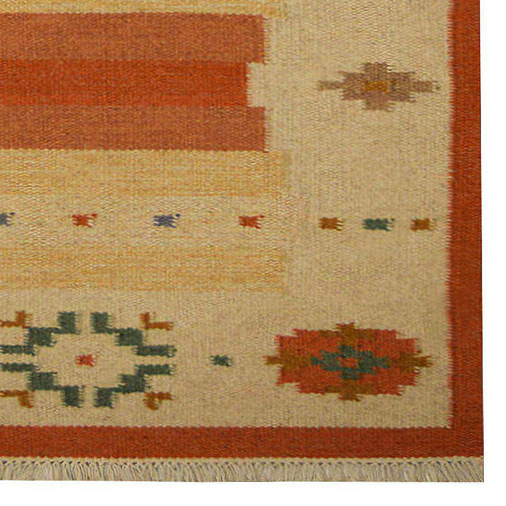 Hand Woven Flat Weave Kilim Wool Rectangle Area Rug Contemporary White Rust D00127