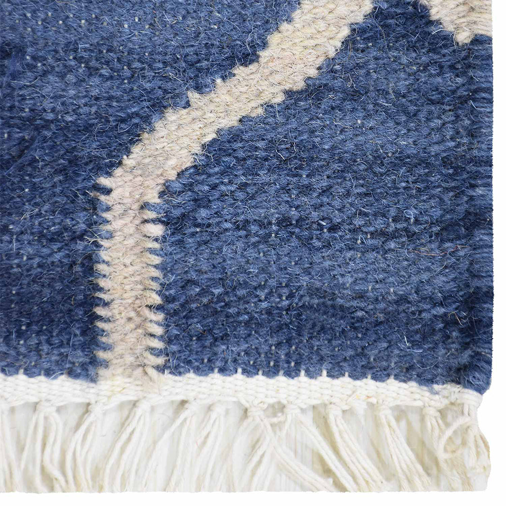 Hand Woven Flat Weave Kilim Wool Rectangle Area Rug Contemporary Blue White D00129