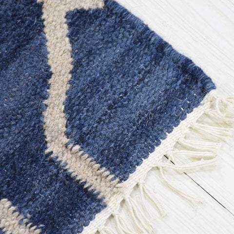 Hand Woven Flat Weave Kilim Wool Rectangle Area Rug Contemporary Blue White D00129