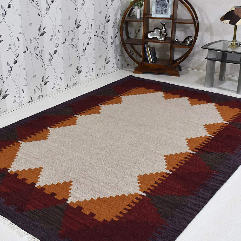 Hand Woven Flat Weave Kilim Wool Rectangle Area Rug Contemporary White Plum D00135