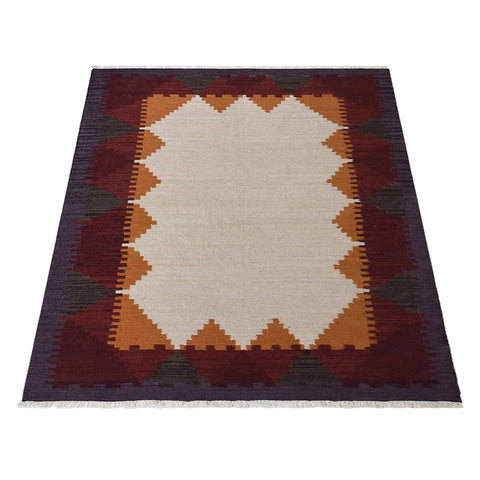 Hand Woven Flat Weave Kilim Wool Rectangle Area Rug Contemporary White Plum D00135