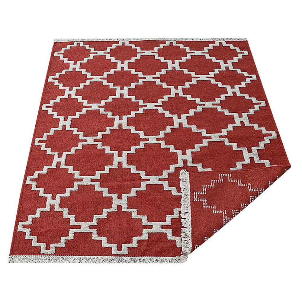 Hand Woven Flat Weave Kilim Wool Rectangle Area Rug Geometric Red White D00142