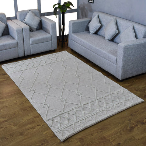 Hand Woven Flat Weave Loop Kilim Wool & Cotton Rectangle Area Rug Contemporary White Pink DWC001