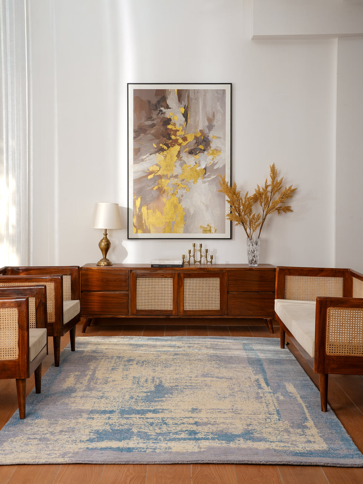 Abstract Canvas-Style Area Rug in Muted Beige & Blue