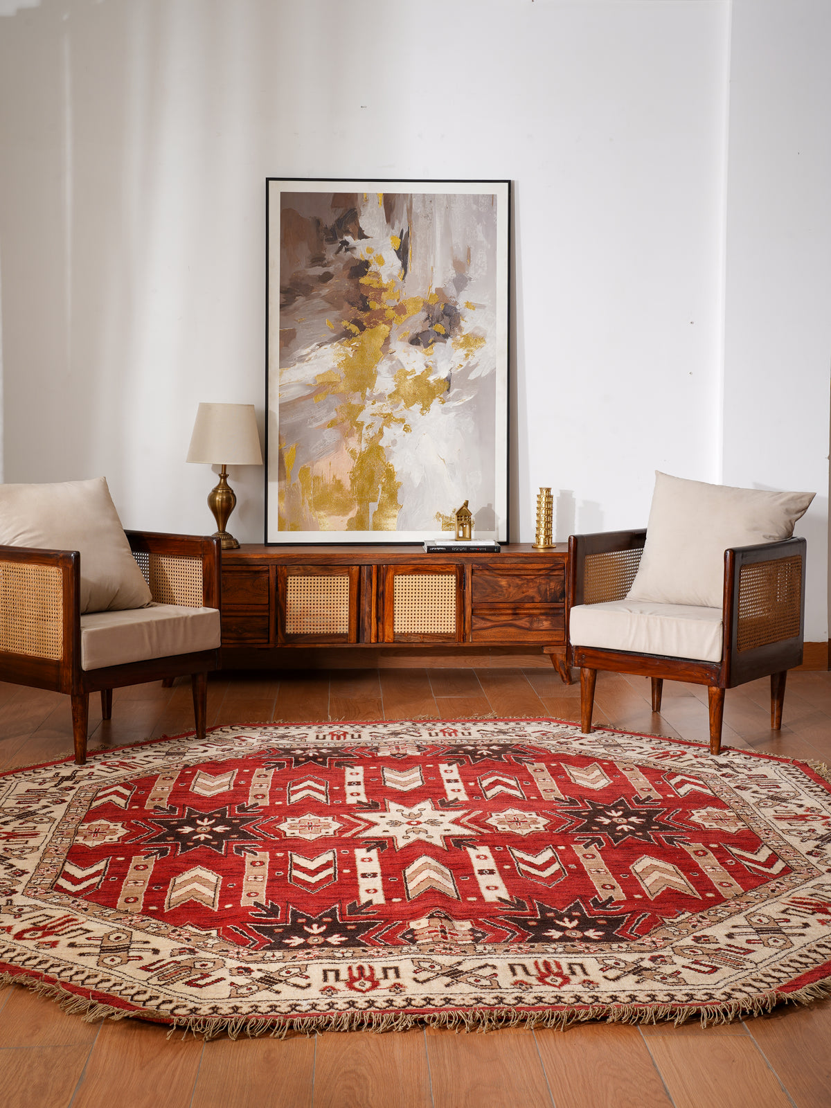 Handmade Red and Cream Wool Area Rug