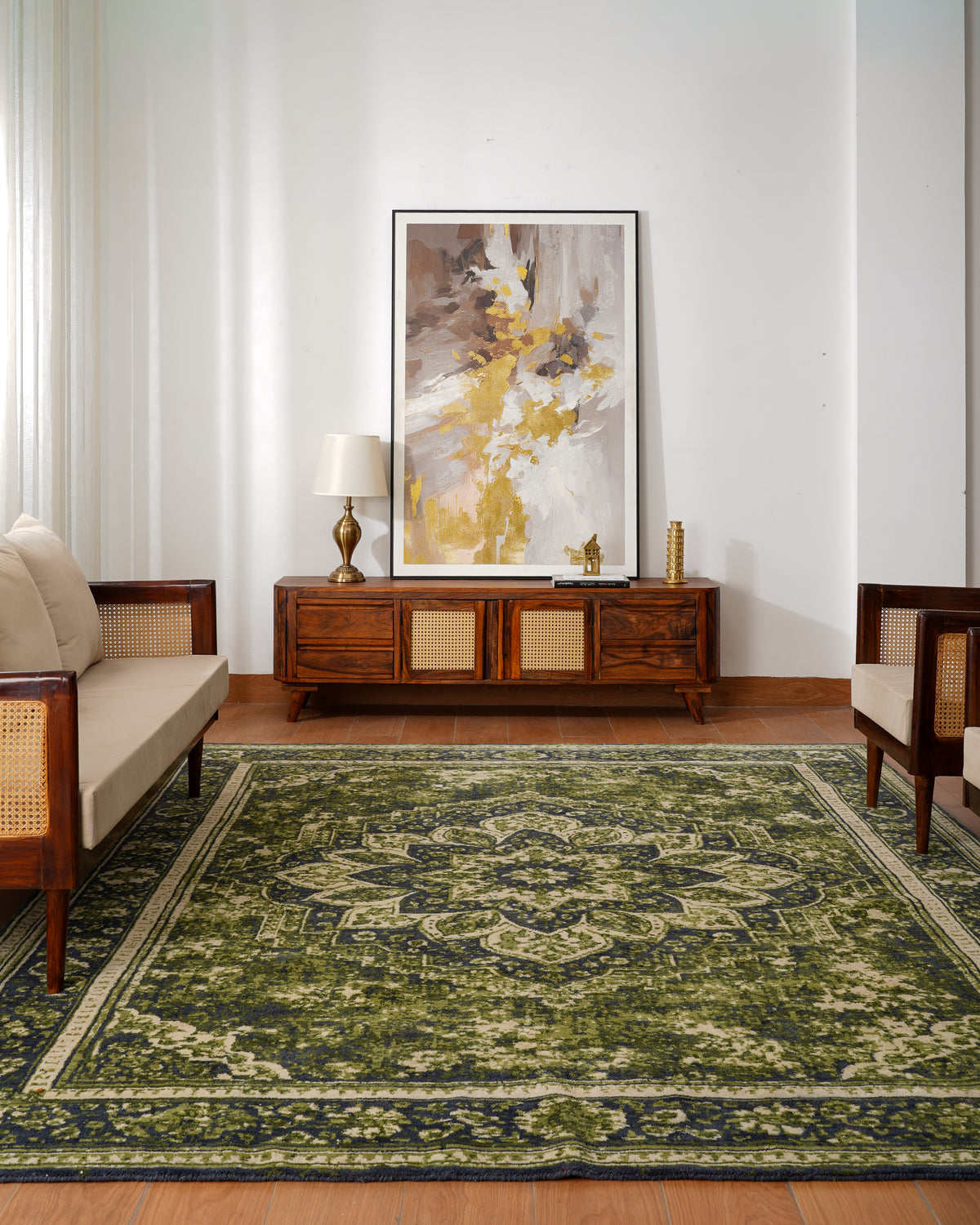 Handmade Light Green Vintage Medallion Wool Area Rug