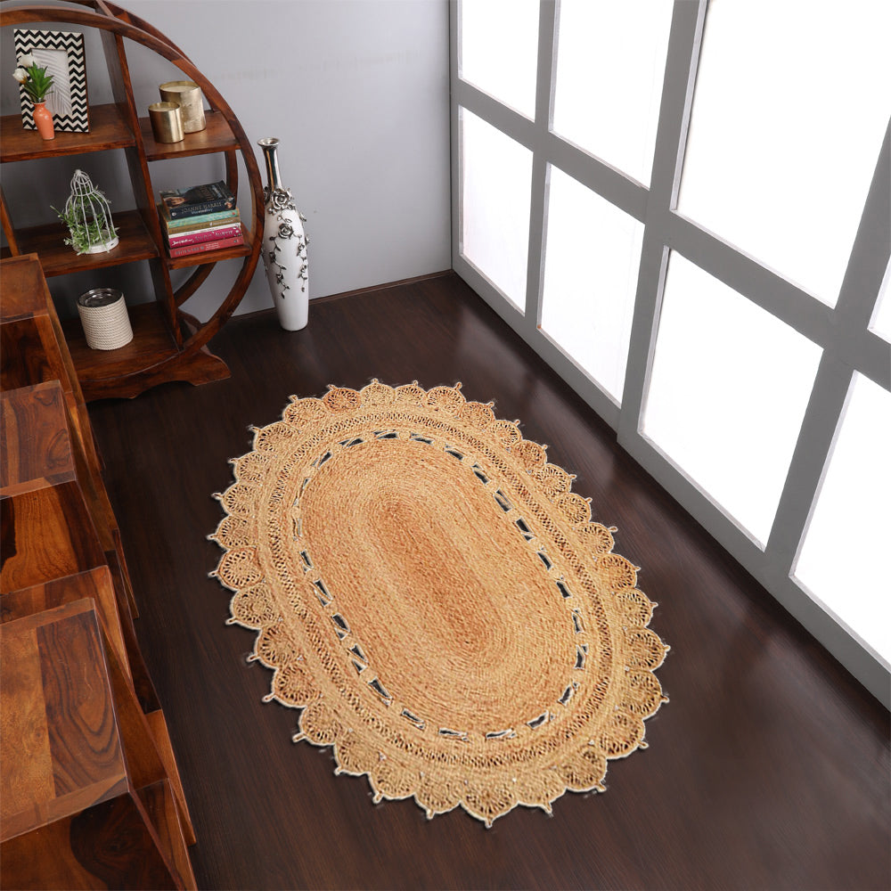 Hand Woven Kilim Jute Eco-friendly Oval Area Rug Oriental Beige J00089