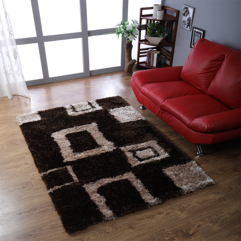 Hand Tufted Shag Polyester Area Rug Geometric Brown Beige K00001