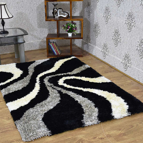 Hand Tufted Shag Polyester Area Rug Contemporary Black Beige K00007