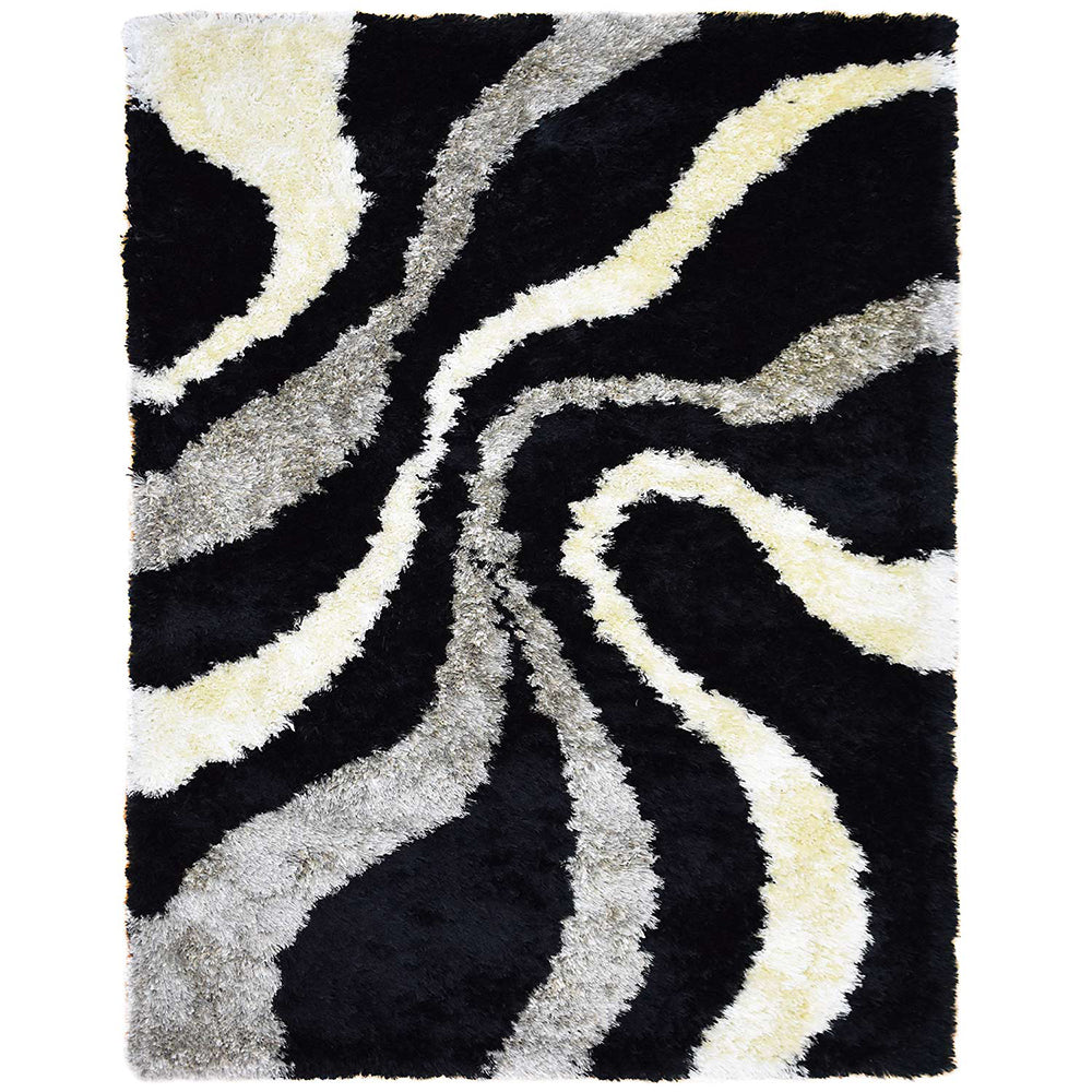 Hand Tufted Shag Polyester Area Rug Contemporary Black Beige K00007